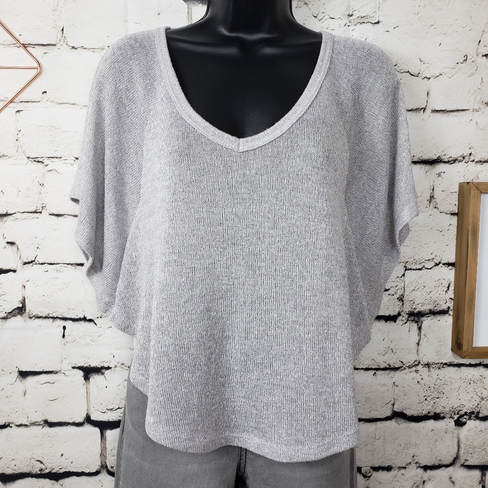 Gray Knit V-Neck Sheer Pullover Coverup
